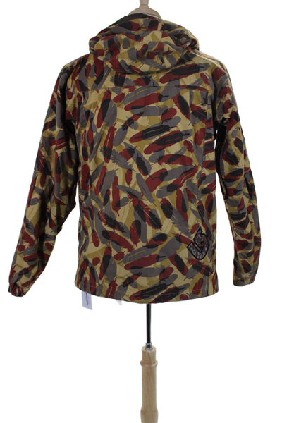 Burton Mens Front Zip Hooded Feather Printed Light Jacket Brown Red Size Small