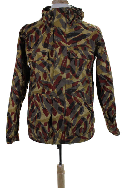 Burton Mens Front Zip Hooded Feather Printed Light Jacket Brown Red Size Small