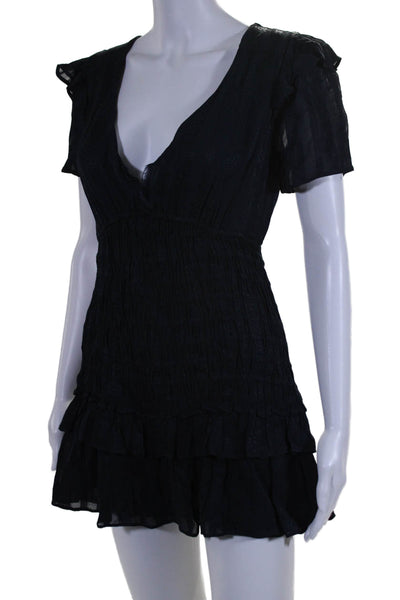 Love Shack Fancy Womens Short Sleeve V-neck Ruffle Tier Dress Navy Size P