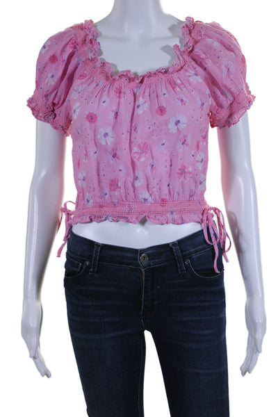 Love Shack Fancy Womens Cotton Short Sleeve Scoop Ruffle Neck Floral Top Pink Si