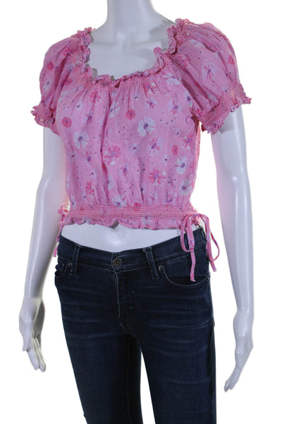 Love Shack Fancy Womens Cotton Short Sleeve Scoop Ruffle Neck Floral Top Pink Si