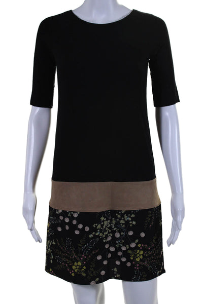 Bailey 44 Womens Black Beige Floral Crew Neck Short Sleeve A-Line Dress Size XS