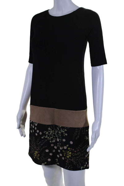 Bailey 44 Womens Black Beige Floral Crew Neck Short Sleeve A-Line Dress Size XS