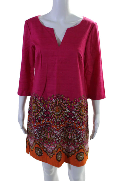 Trina Turk Womens Cotton Hot Pink Printed V-neck 3/4 Sleeve Shift Dress Size 8