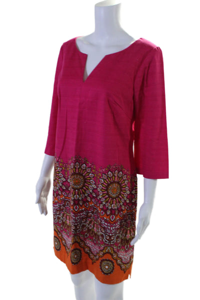 Trina Turk Womens Cotton Hot Pink Printed V-neck 3/4 Sleeve Shift Dress Size 8