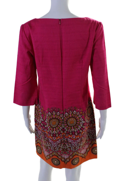 Trina Turk Womens Cotton Hot Pink Printed V-neck 3/4 Sleeve Shift Dress Size 8