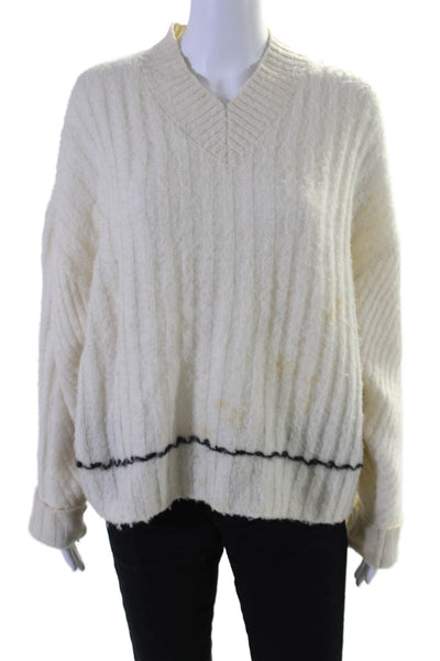 Helmut Lang Womens Long Sleeve Oversized V Neck Sweater White Black Wool Size XS