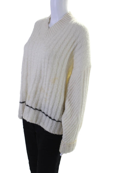 Helmut Lang Womens Long Sleeve Oversized V Neck Sweater White Black Wool Size XS