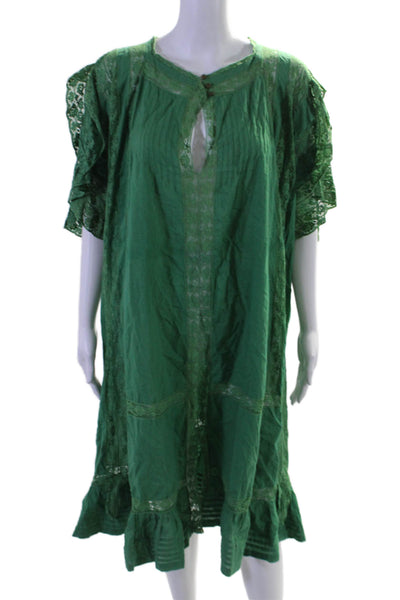 Soler Womens Short Sleeve Lace Trim V Neck Shift Dress Green Cotton One Size