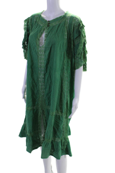 Soler Womens Short Sleeve Lace Trim V Neck Shift Dress Green Cotton One Size