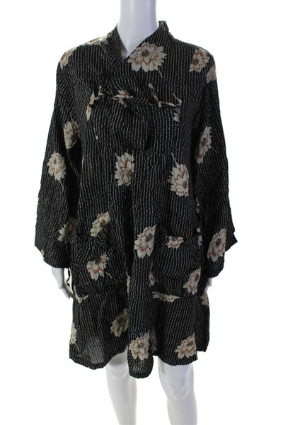 The Masai Womens Black Floral Tie V-Neck Long Sleeve Shift Dress Size L