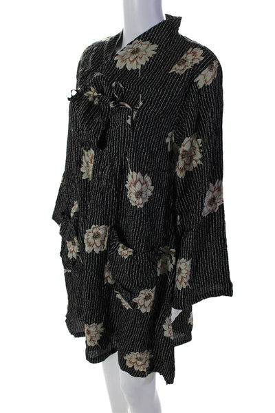 The Masai Womens Black Floral Tie V-Neck Long Sleeve Shift Dress Size L