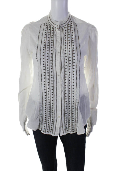 Cino Womens Cotton Long Sleeve Button Down Beaded Blouse White Size XXS