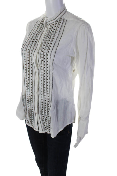 Cino Womens Cotton Long Sleeve Button Down Beaded Blouse White Size XXS