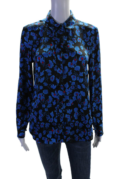 Equipment Femme Womens Button Front Long Sleeve Silk Floral Shirt Black Blue XS