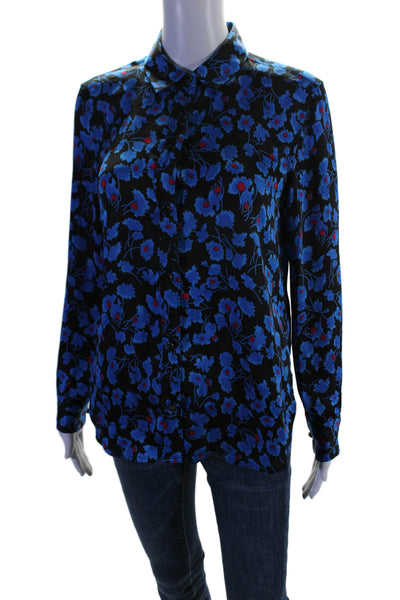 Equipment Femme Womens Button Front Long Sleeve Silk Floral Shirt Black Blue XS