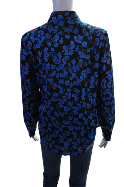 Equipment Femme Womens Button Front Long Sleeve Silk Floral Shirt Black Blue XS