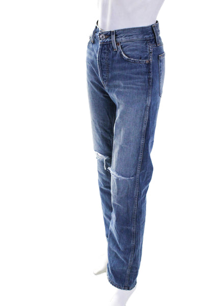 Re/Done Women's Button Fly Distress Medium Wash Straight Leg Denim Pants Size 24