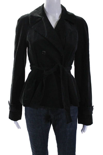 DKNY Women's Collared Long Sleeves Double Breasted Belt Jacket Black Size 4