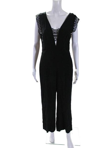 Sandro Womens Back Zip Sleeveless V Neck Lace Trim Jumpsuit Black Size 2