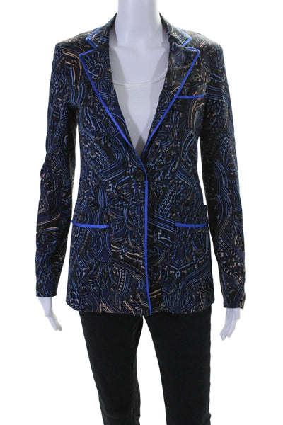 Nanette Lepore Womens Lined Collar Abstract Printed Blazer Blue Size 2