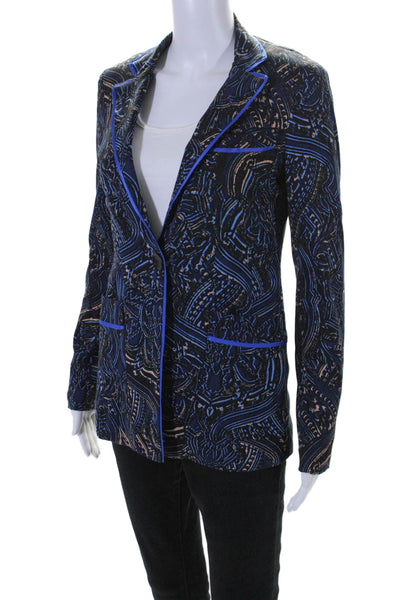 Nanette Lepore Womens Lined Collar Abstract Printed Blazer Blue Size 2