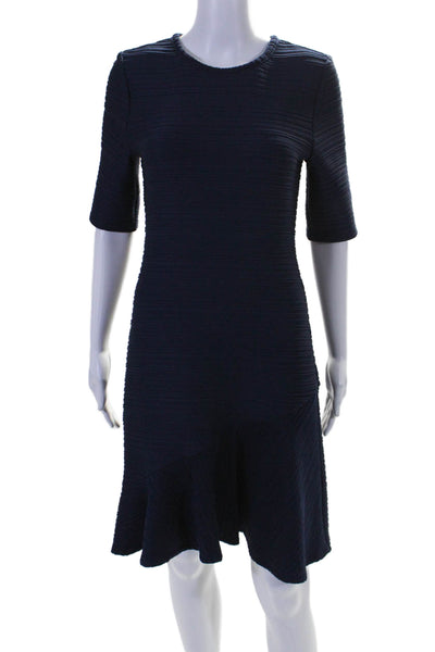 Shoshanna Womens Textured Short Sleeve Round Neck Zip Tier Dress Navy Size 4