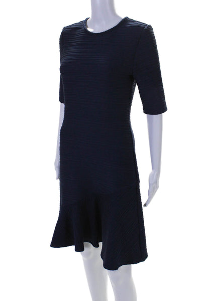 Shoshanna Womens Textured Short Sleeve Round Neck Zip Tier Dress Navy Size 4