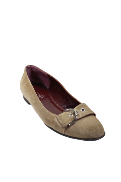 Coach Womens Suede Round Toe Textured Buckled Slip-On Casual Flats Beige Size 8