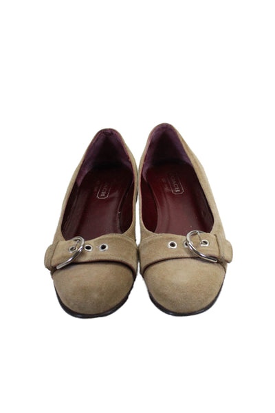 Coach Womens Suede Round Toe Textured Buckled Slip-On Casual Flats Beige Size 8