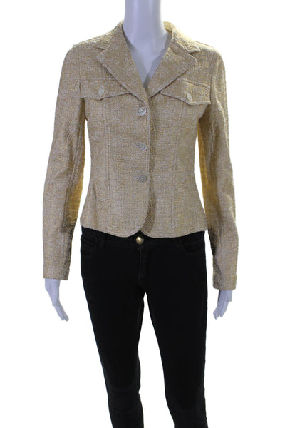 Jon Womens Cotton Metallic Woven Textured Button Long Sleeve Blazer Gold Size 4