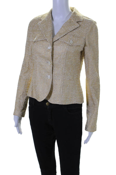 Jon Womens Cotton Metallic Woven Textured Button Long Sleeve Blazer Gold Size 4