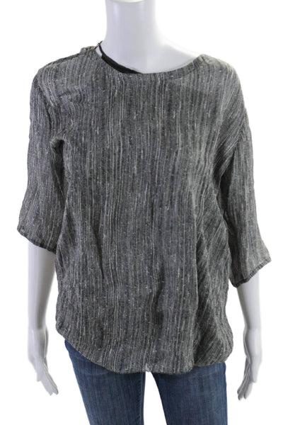 Eileen Fisher Womens Silk Round Neck Half Sleeve Printed Sheer Top Gray Size XS