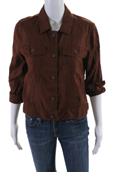 Quince Womens Button Front 3/4 Sleeve Collared Linen Shirt Brown Extra Small