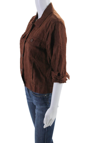 Quince Womens Button Front 3/4 Sleeve Collared Linen Shirt Brown Extra Small