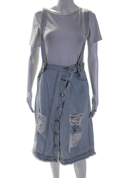 SJYP Womens Blue Light Wash Distress Button Front Denim Overall Skirt Size S