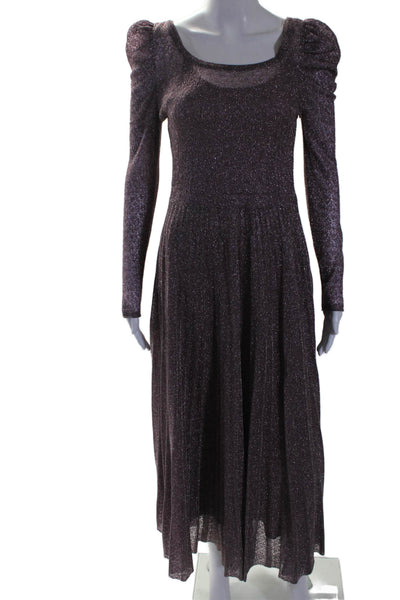 Zara Womens Glitter Print Textured Pleated Long Sleeve Gown Purple Size M