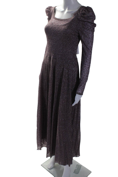 Zara Womens Glitter Print Textured Pleated Long Sleeve Gown Purple Size M