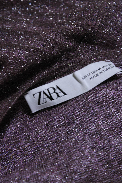 Zara Womens Glitter Print Textured Pleated Long Sleeve Gown Purple Size M