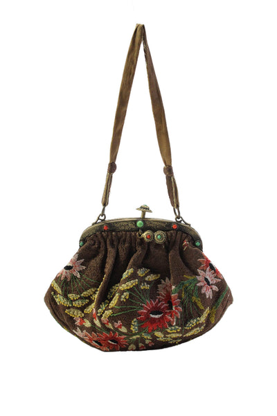 Designer Womens Framed Push Lock Floral Knit Vintage Evening Handbag Brown