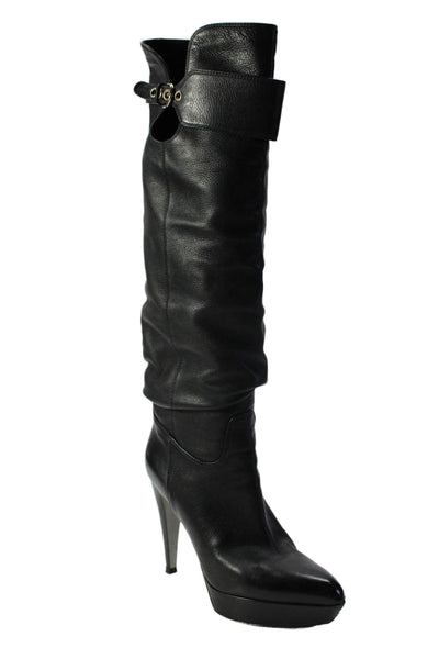 Sergio Rossi Womens Leather Ruched Pull On Knee High Boots Black Size 39.5 9.5