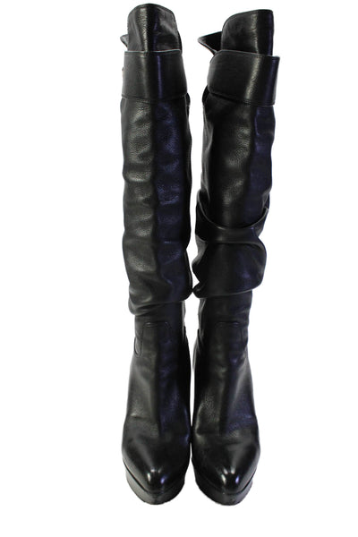 Sergio Rossi Womens Leather Ruched Pull On Knee High Boots Black Size 39.5 9.5