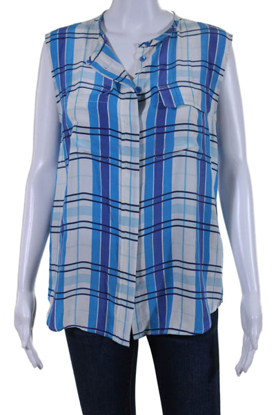 Equipment Femme Womens Plaid Button Down Tank Top White Blue Size Small