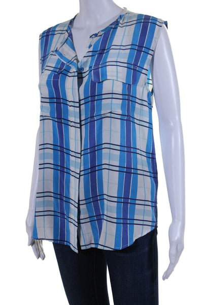 Equipment Femme Womens Plaid Button Down Tank Top White Blue Size Small