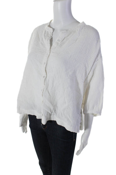 Calme Womens Cotton Round Neck Short Sleeve Button Up Blouse Top White Size M