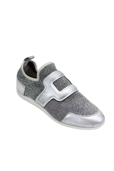 Roger Vivier Womens Slip On Metallic Knit Sneakers Silver Tone Leather Size 35.5