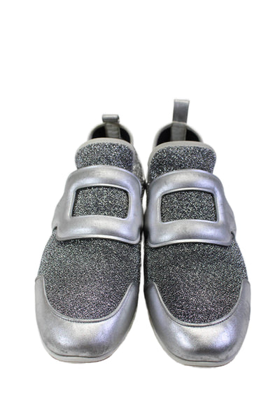 Roger Vivier Womens Slip On Metallic Knit Sneakers Silver Tone Leather Size 35.5