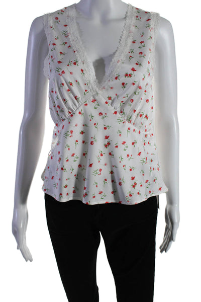 Wayf Women's V-Neck Sleeveless Lace Trim Floral Blouse White Size S