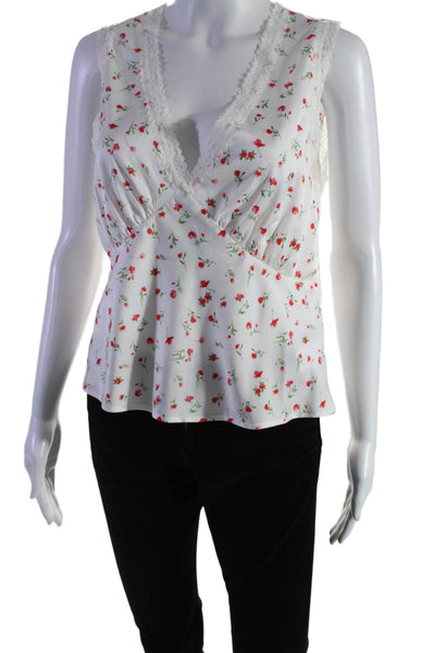 Wayf Women's V-Neck Sleeveless Lace Trim Floral Blouse White Size S