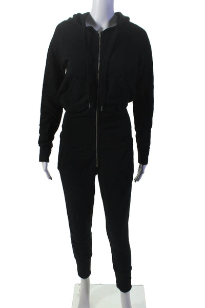 NSF Womens Cotton Black Zip Front Hooded Long Sleeve Cuff Ankle Overalls Size S